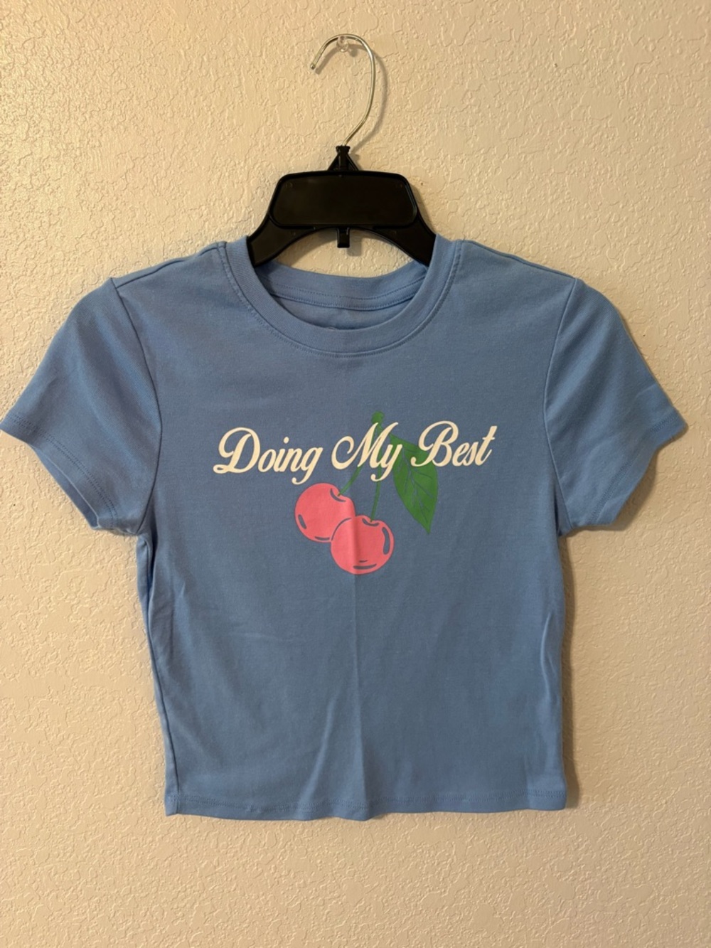 Doe & Rae Light Blue Crop Tee with Pink Cherry Graphic